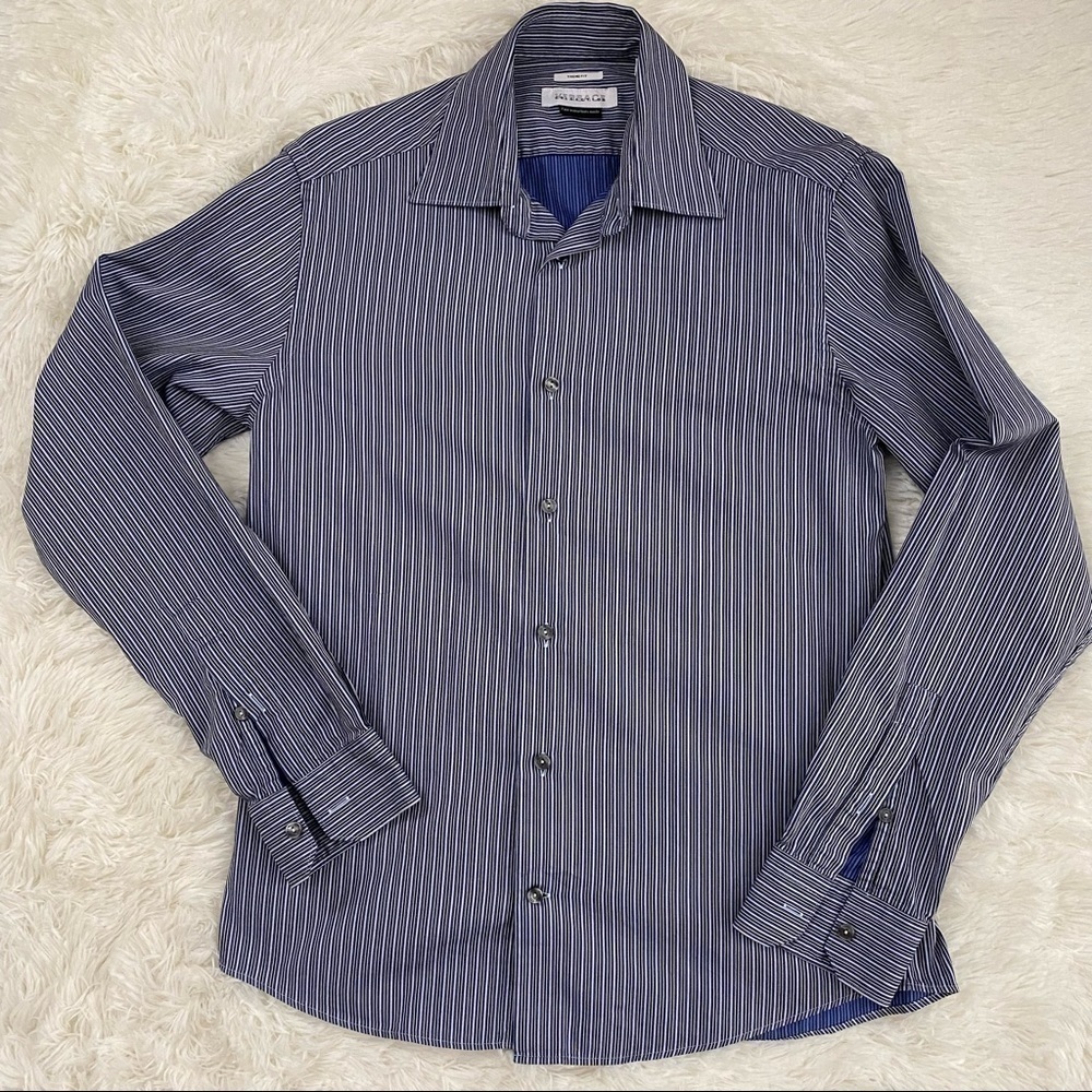 Versace Collection Men’s Dress Shirt | 15.5/39 | Black, Blue, White Stripes